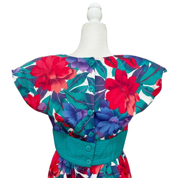 Vintage Jackie Taub for Connections Floral Midi Dress 12 Union Made Blue Red - Picture 7 of 12